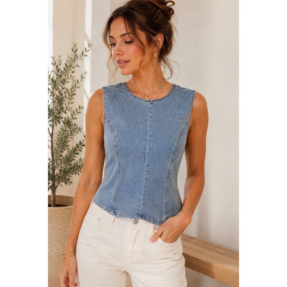 Baby Pink Blue Denim Sleeveless Round Neck Tie Back Stretch Top Size S